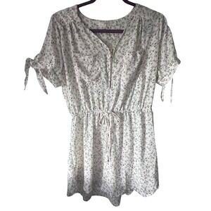 Floral Print Mini Dress Stella Tweed Tie Sleeve‎ Drawstring Waist Summer White